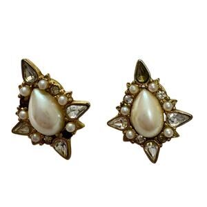 Vintage Gold Tone Faux Pearl & Rhinestone Earrings Pierced Estate Jewelry